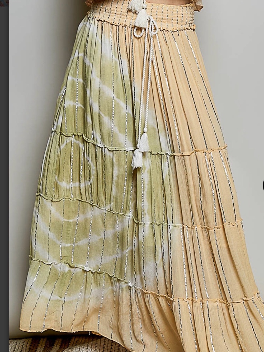 POL Tiered Maxi Skirt in Lemon Cream and light Olive Tie-Dye